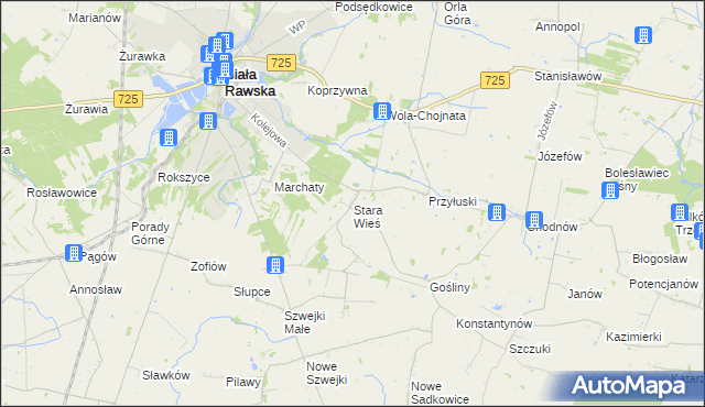 mapa Stara Wieś gmina Biała Rawska, Stara Wieś gmina Biała Rawska na mapie Targeo