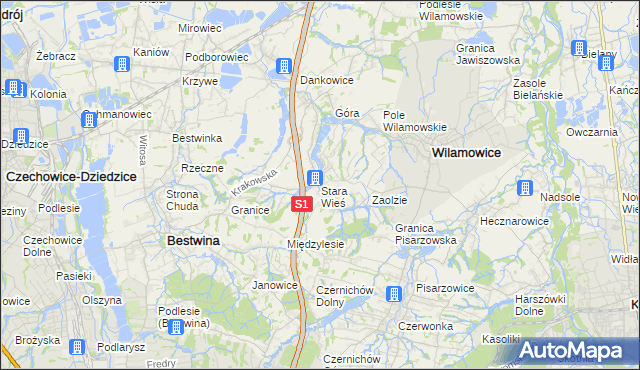 mapa Stara Wieś gmina Wilamowice, Stara Wieś gmina Wilamowice na mapie Targeo