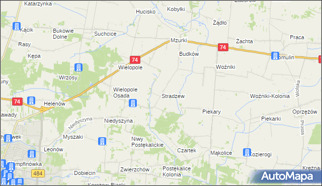 mapa Stradzew gmina Wola Krzysztoporska, Stradzew gmina Wola Krzysztoporska na mapie Targeo