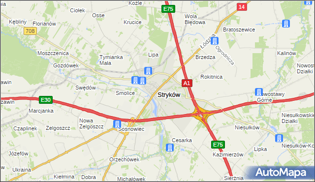 mapa Stryków powiat zgierski, Stryków powiat zgierski na mapie Targeo