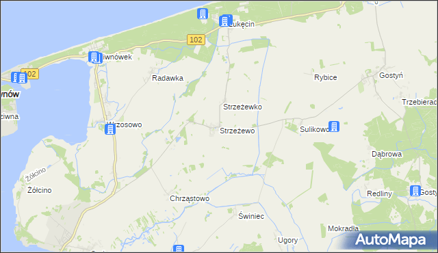 mapa Strzeżewo gmina Kamień Pomorski, Strzeżewo gmina Kamień Pomorski na mapie Targeo