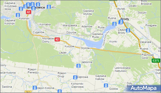mapa Styków gmina Brody, Styków gmina Brody na mapie Targeo