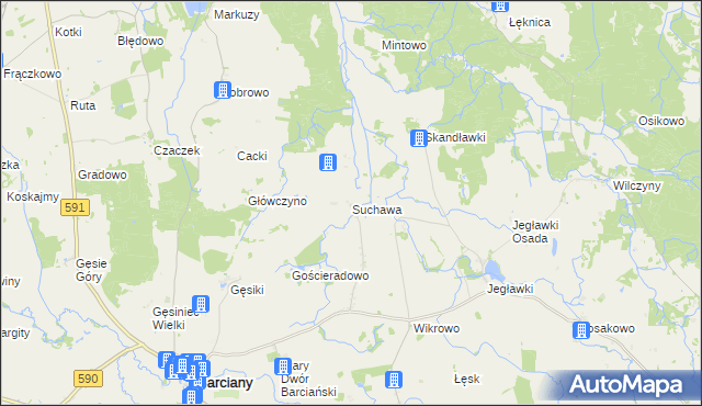 mapa Suchawa gmina Barciany, Suchawa gmina Barciany na mapie Targeo