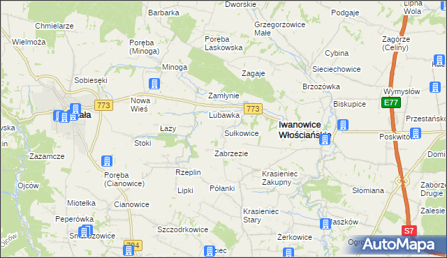 mapa Sułkowice gmina Iwanowice, Sułkowice gmina Iwanowice na mapie Targeo