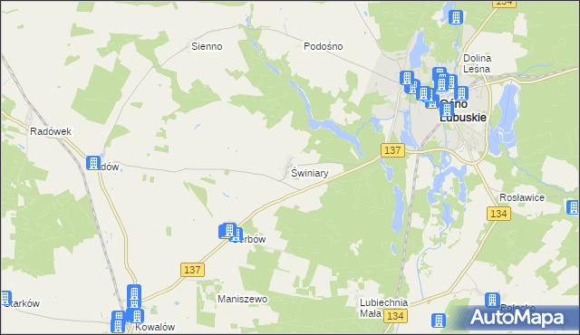 mapa Świniary gmina Ośno Lubuskie, Świniary gmina Ośno Lubuskie na mapie Targeo