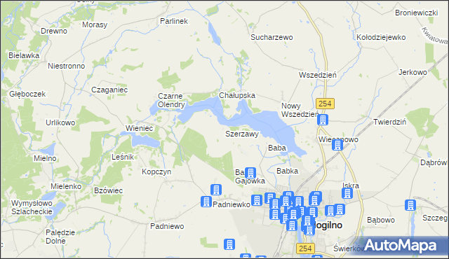 mapa Szerzawy gmina Mogilno, Szerzawy gmina Mogilno na mapie Targeo
