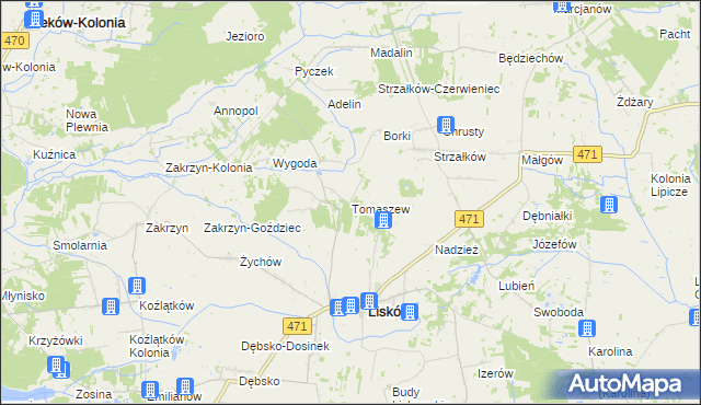 mapa Tomaszew gmina Lisków, Tomaszew gmina Lisków na mapie Targeo
