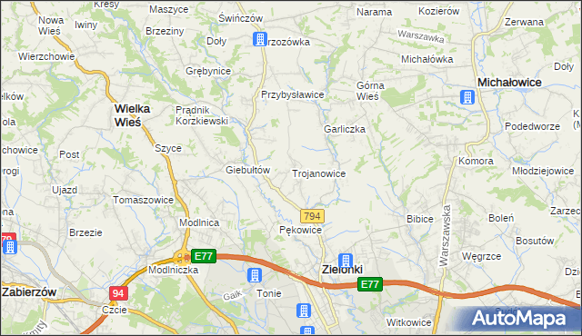 mapa Trojanowice gmina Zielonki, Trojanowice gmina Zielonki na mapie Targeo