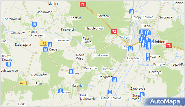 mapa Truskawiec gmina Poddębice, Truskawiec gmina Poddębice na mapie Targeo