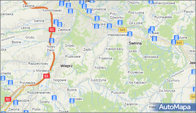 mapa Trzebinia gmina Świnna, Trzebinia gmina Świnna na mapie Targeo