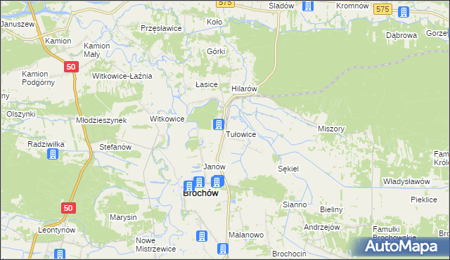 mapa Tułowice gmina Brochów, Tułowice gmina Brochów na mapie Targeo