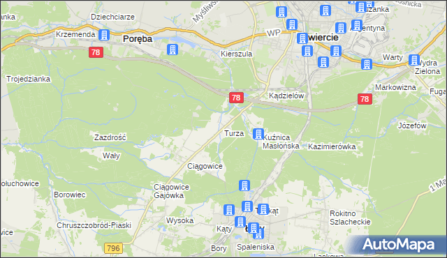 mapa Turza gmina Łazy, Turza gmina Łazy na mapie Targeo