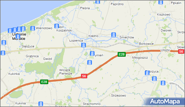 mapa Tymień gmina Będzino, Tymień gmina Będzino na mapie Targeo
