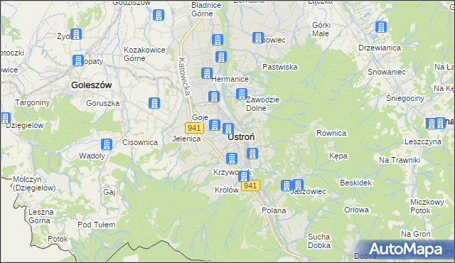mapa Ustroń powiat cieszyński, Ustroń powiat cieszyński na mapie Targeo