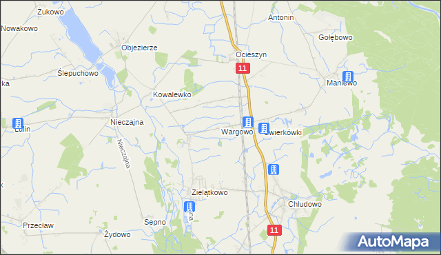 mapa Wargowo gmina Oborniki, Wargowo gmina Oborniki na mapie Targeo