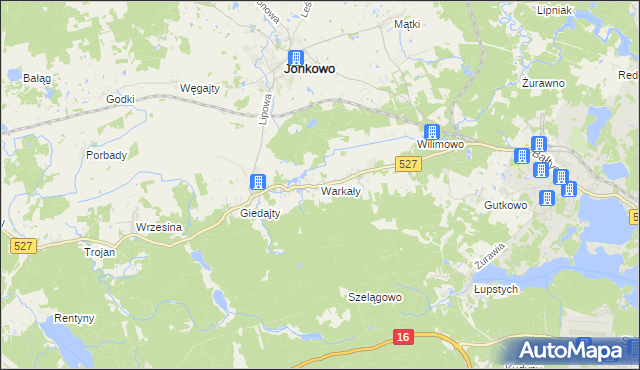 mapa Warkały gmina Jonkowo, Warkały gmina Jonkowo na mapie Targeo