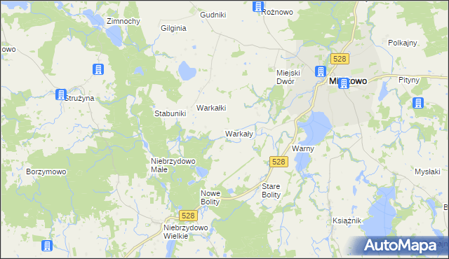 mapa Warkały gmina Miłakowo, Warkały gmina Miłakowo na mapie Targeo