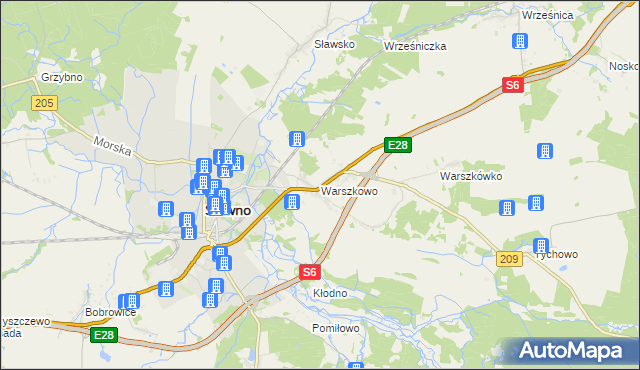 mapa Warszkowo gmina Sławno, Warszkowo gmina Sławno na mapie Targeo