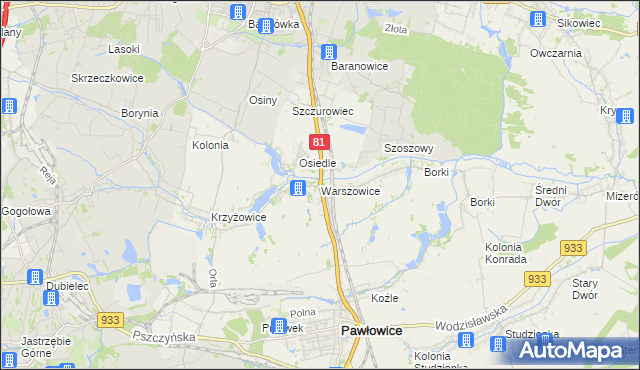 mapa Warszowice, Warszowice na mapie Targeo