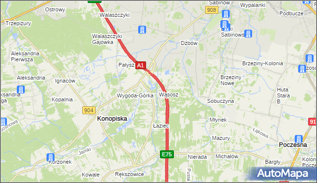 mapa Wąsosz gmina Konopiska, Wąsosz gmina Konopiska na mapie Targeo