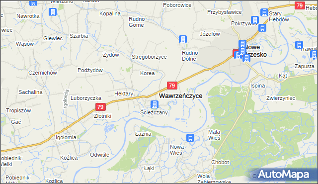 mapa Wawrzeńczyce gmina Igołomia-Wawrzeńczyce, Wawrzeńczyce gmina Igołomia-Wawrzeńczyce na mapie Targeo