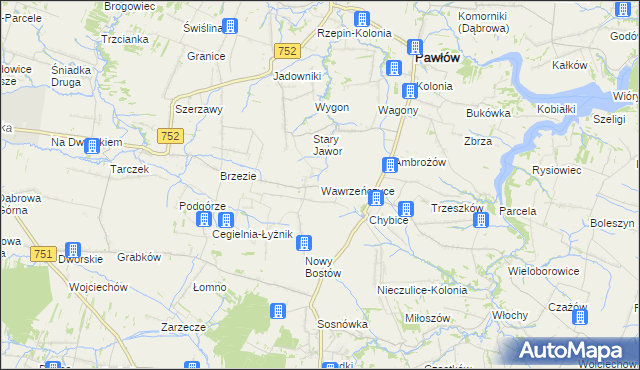mapa Wawrzeńczyce gmina Pawłów, Wawrzeńczyce gmina Pawłów na mapie Targeo