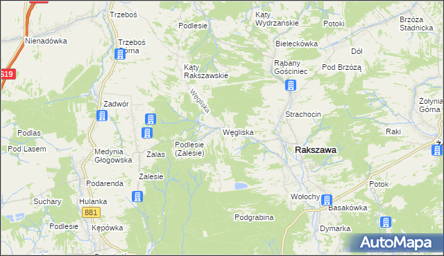 mapa Węgliska gmina Rakszawa, Węgliska gmina Rakszawa na mapie Targeo