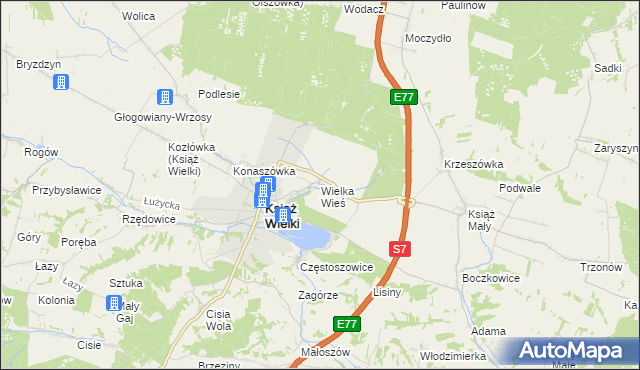 mapa Wielka Wieś gmina Książ Wielki, Wielka Wieś gmina Książ Wielki na mapie Targeo