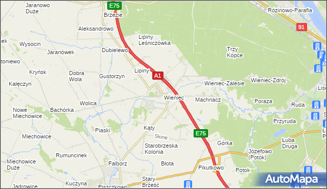 mapa Wieniec gmina Brześć Kujawski, Wieniec gmina Brześć Kujawski na mapie Targeo
