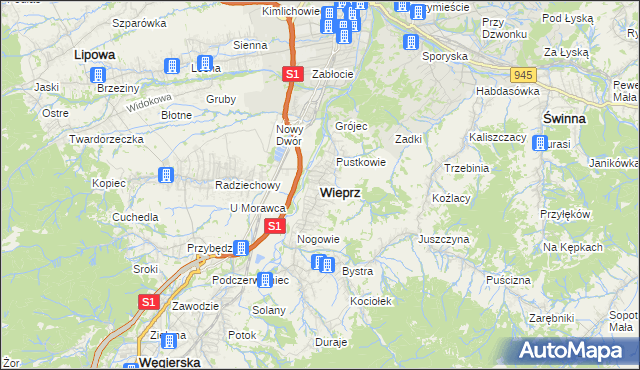 mapa Wieprz gmina Radziechowy-Wieprz, Wieprz gmina Radziechowy-Wieprz na mapie Targeo
