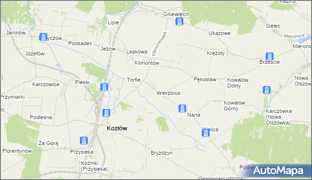 mapa Wierzbica gmina Kozłów, Wierzbica gmina Kozłów na mapie Targeo