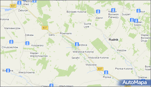 mapa Wierzbica gmina Rudnik, Wierzbica gmina Rudnik na mapie Targeo