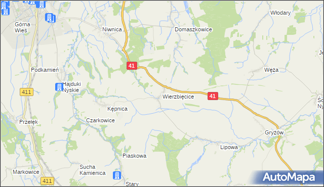 mapa Wierzbięcice gmina Nysa, Wierzbięcice gmina Nysa na mapie Targeo