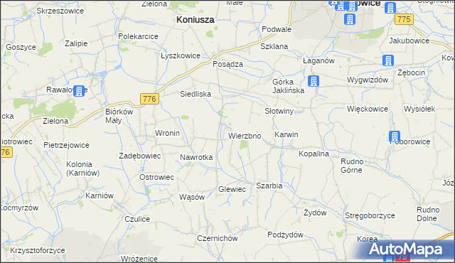 mapa Wierzbno gmina Koniusza, Wierzbno gmina Koniusza na mapie Targeo