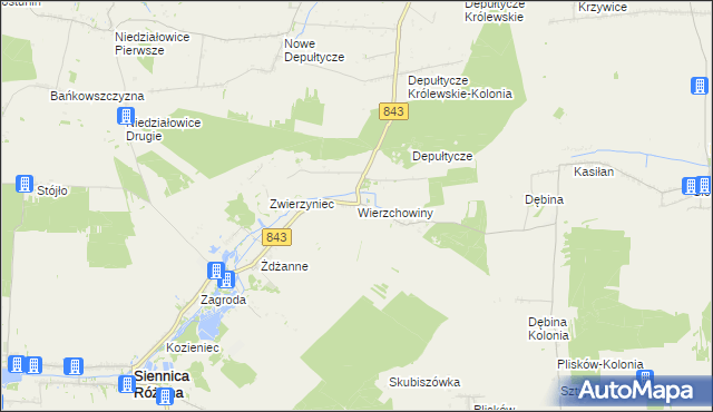 mapa Wierzchowiny gmina Siennica Różana, Wierzchowiny gmina Siennica Różana na mapie Targeo