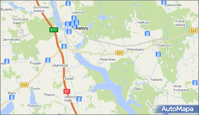 mapa Wilamowo gmina Małdyty, Wilamowo gmina Małdyty na mapie Targeo