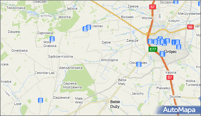 mapa Wilczogóra gmina Belsk Duży, Wilczogóra gmina Belsk Duży na mapie Targeo