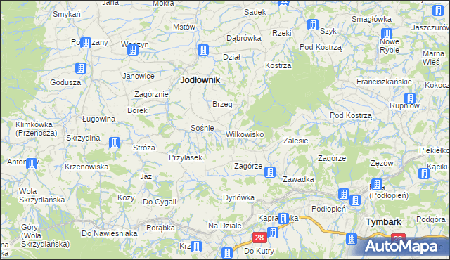 mapa Wilkowisko gmina Jodłownik, Wilkowisko gmina Jodłownik na mapie Targeo