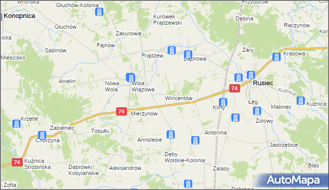 mapa Wincentów gmina Rusiec, Wincentów gmina Rusiec na mapie Targeo