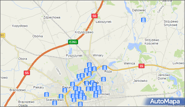 mapa Winiary gmina Gniezno, Winiary gmina Gniezno na mapie Targeo