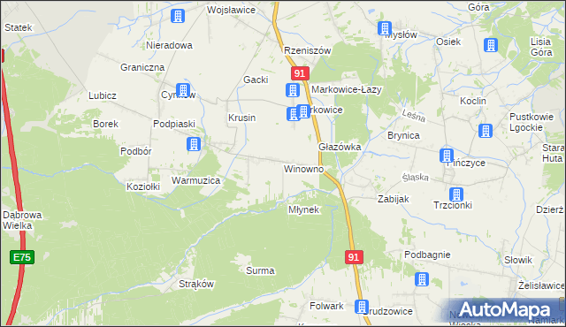 mapa Winowno gmina Koziegłowy, Winowno gmina Koziegłowy na mapie Targeo