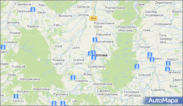 mapa Wiśniowa powiat myślenicki, Wiśniowa powiat myślenicki na mapie Targeo