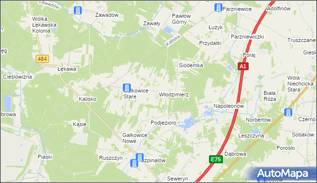 mapa Włodzimierz gmina Kamieńsk, Włodzimierz gmina Kamieńsk na mapie Targeo
