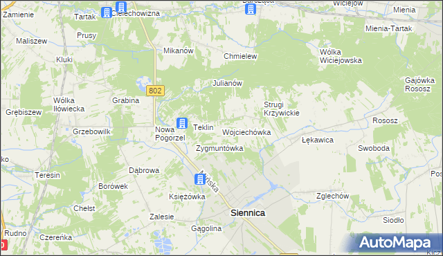 mapa Wojciechówka gmina Siennica, Wojciechówka gmina Siennica na mapie Targeo