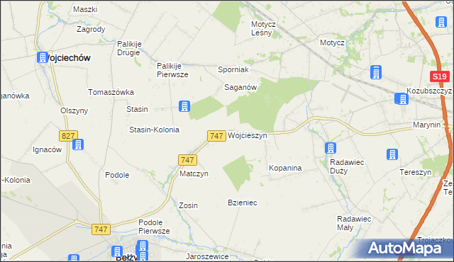 mapa Wojcieszyn gmina Bełżyce, Wojcieszyn gmina Bełżyce na mapie Targeo