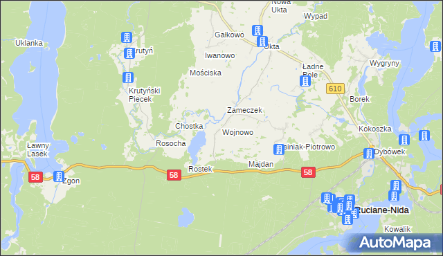 mapa Wojnowo gmina Ruciane-Nida, Wojnowo gmina Ruciane-Nida na mapie Targeo