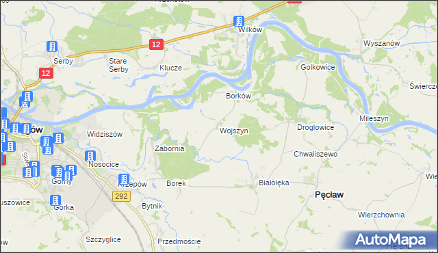 mapa Wojszyn gmina Pęcław, Wojszyn gmina Pęcław na mapie Targeo