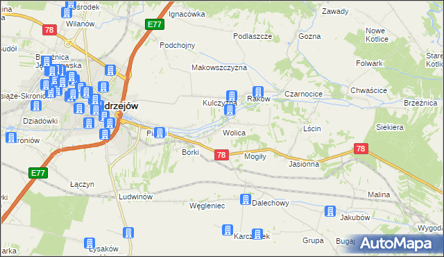 mapa Wolica gmina Jędrzejów, Wolica gmina Jędrzejów na mapie Targeo