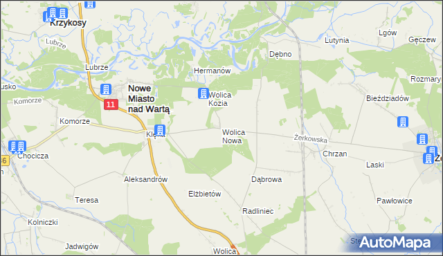 mapa Wolica Nowa gmina Nowe Miasto nad Wartą, Wolica Nowa gmina Nowe Miasto nad Wartą na mapie Targeo