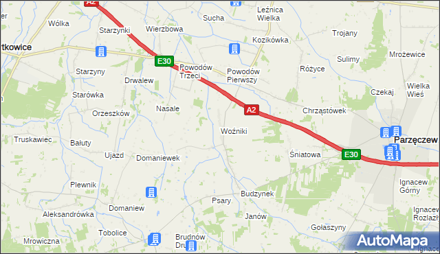 mapa Woźniki gmina Dalików, Woźniki gmina Dalików na mapie Targeo